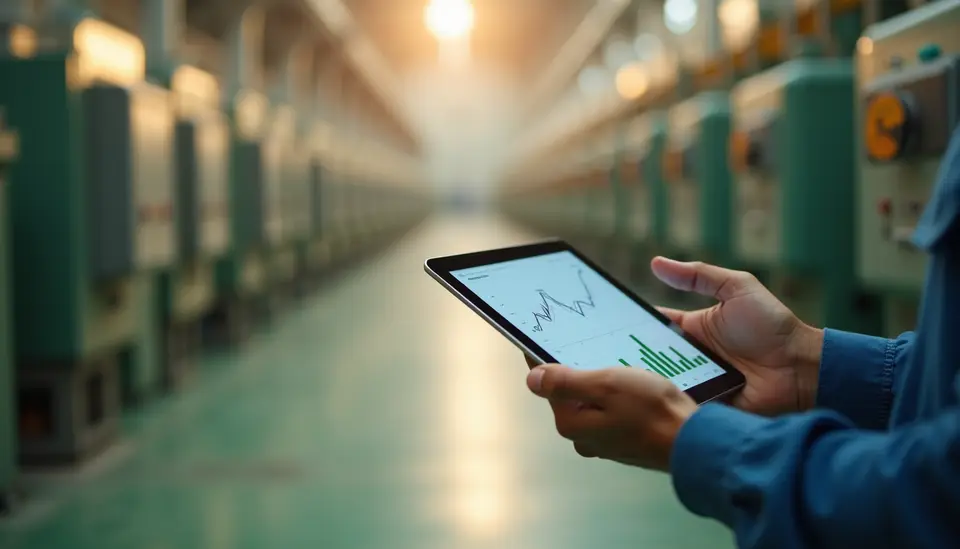 Engineer reading an energy chart on a tablet in a factory