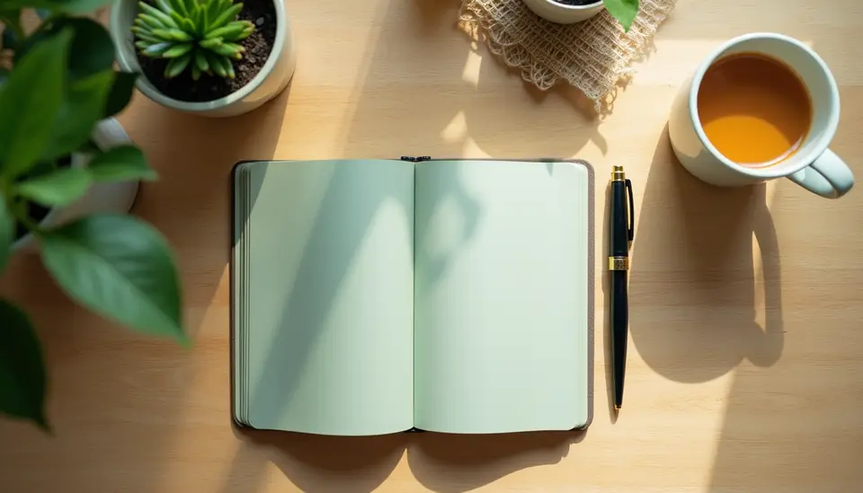 Open notebook, pen and a cup of chai on a wooden desk